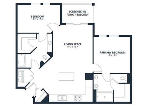 Floor plan for 2 beds, 2 baths, 1100 sqft